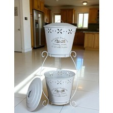 Lin Metal Iki Katlı Konik Metal Patates Soğan Kovası, Saklama Kabı, Organizer, Sebzelik (Delicious Traditions Baskılı) LN1019