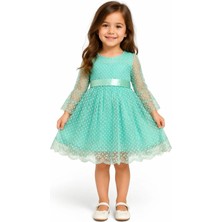 Sellfie Kız Çocuk Kolları Tüllü Puantiye Detaylı Etek Ucu Güpürlü Astarlı Midi Boy Yeşil Renk Elbise