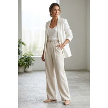 Rosa By Belle Kadın Bej Keten Pantolon Geniş Paça Rahat