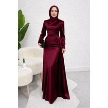 Tesettür Diyarı Samar Kuyruklu Saten Tesettür Abiye- Bordo