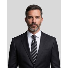 1001 Kravat Gri Çizgili Siyah Kravat - 8 cm genişliğinde