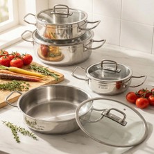 Acar Karat Merkür 8 Parça Çelik Tencere Seti Gümüş Renk Derin Tencereler 24 cm Ebatlarla