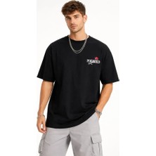 Stores36 Erkek Bisiklet Yaka Baskılı  Kısa Kollu Tişört Streetwear Günlük Basic Pamuklu T-Shirt - Siyah