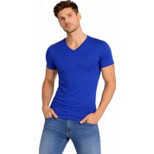 Stores36 Erkek T-Shirt V Yaka Slim Fit Dar Kesim Likralı Tişört Günlük Basic Body - Saks Mavisi