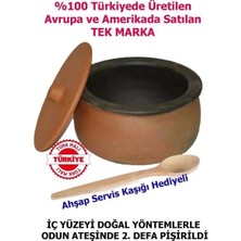 Abnturk 26CM 6-9 Kişilik El Yapımı Kapaklı Toprak Güveç Tahta Servis Kaşığı Hediyeli