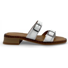 Vieris Beyaz Hakiki Deri Çift Bantlı Toka Detaylı Günlük Kadın Terlik (05427)