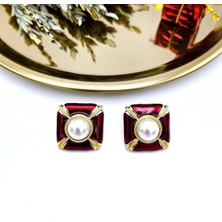 Merve Takı Incili Kare Vintage Bordo Küpe