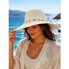 Aydın Şapkacınız Kadın Premium Hasır Şapka Geniş Kenarlı 58 cm Yazlık Plaj Şapkası