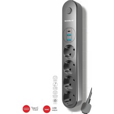 MAC BLOOM Termal Akım Korumalı USB ve Type C 2.1A Şarj Çıkışlı 10A 2500W 4'lü Uzatma Grup Priz Siyah 3402