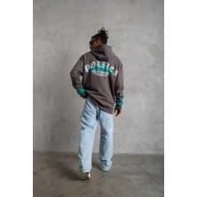 Stores36 Erkek Üç Iplik Içi Pamuklu Alev Baskılı Kapüşonlu Sweatshirt - Gri
