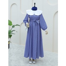 Modamorfo Bebe Yaka Çizgili Beli Lastikli Uzun Elbise -Laci