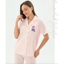 Sevim 17533 Pembe Çizgili Ayıcıklı Boydan Düğmeli Gömlek Pijama Takım 'anne Kız Kombin Yapılabilir'
