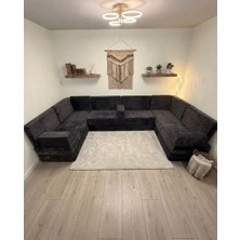 Bakırözü Home Premium Kadife Kumaş, Konforlu Yer Kanepesi ,modüler Şark Köşesi Takımı - Antrasit - 40 cm - U Set
