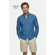 Kiğılı Uzun Kol Regular Fit Düğmeli Yaka Spor Pamuk Nefes Alabilen Keten Görünümlü Gömlek