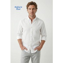 Kiğılı Uzun Kol Regular Fit Düğmeli Yaka Spor Pamuk Nefes Alabilen Keten Görünümlü Gömlek