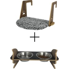 Kalorifer Kedi Yatağı ve Ahşap Ikili Çelik Taslı Kedi Mama ve Su Kabı 2'li Set