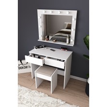 DF02103B Hollywood Işıklı Aynalı Çekmeceli Tabureli Makyaj Masası