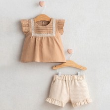 Tongs Baby Dantel Işlemeli Fırfırlı Şortlu  %100 Pamuk Kız Bebek Takım