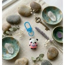 Winy Concept Kawaii Pembe Elbiseli Panda Figürlü Anahtarlık - Mavi Klipsli Çanta Aksesuarı