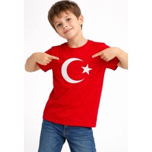 3 Erkek Çocuk Tişört Bisiklet Yaka Ay Yıldız Bayrak Baskılı T-Shirt - Kırmızı