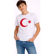 3 Erkek Çocuk Tişört Bisiklet Yaka Ay Yıldız Bayrak Baskılı T-Shirt - Beyaz