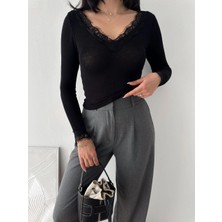 3 Kadın Dantel Detaylı V Yaka Arkası V Yaka Kaşmir Dokulu Uzun Kollu Bluz - Siyah