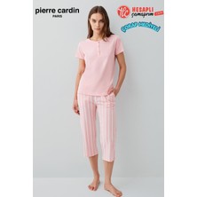 Pierre Cardin Kadın Büyük Beden Modal Pamuklu Rahat Kalıp Çizgili Kapri Kısa Kol Pijama Takım