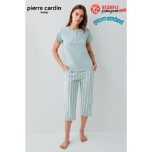 Pierre Cardin Kadın Büyük Beden Modal Pamuklu Rahat Kalıp Çizgili Kapri Kısa Kol Pijama Takım