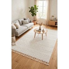 Ceremony Home Krem Modern Saçaklı Dokuma Salon Halısı - Leke Tutmaz Dokuma Makine Halısı