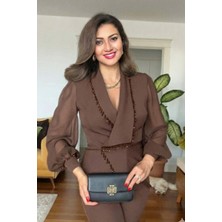 Zishan Fashion Lüks Siyah Boncuk Detaylı Kadın Ikili Takım – Şifon Kollu Ceket ve Pantolon – 36-48 Geniş Beden 415