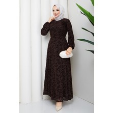 Pamuk Butik Kadın Kuşaklı Flok Baskılı Astarlı Tül Elbise -PMK544