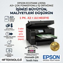 Epson Ecotank Tarayıcı + Fotokopi + Faks Çok Fonksiyonlu Tanklı Mürekkep Püskürtmeli Yazıcı +( 1 Er Pk. A3+A4 HEDİYE)-L15150