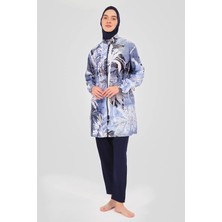 Alfasa Kadın Tam Kapama Fermuarlı Desenli Su Itici Özelliği 5 Parça Beli Lastikli Paraşüt Kumaş Tesettür Mayo