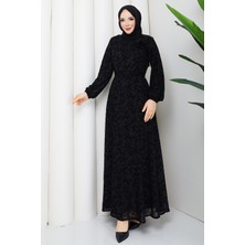 Pamuk Butik Kadın Kuşaklı Flok Baskılı Astarlı Tül Elbise -PMK544