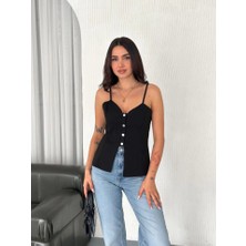 Stores36 Askılı Dekolte Deraylı Bluz Crop - Siyah