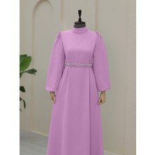 Moda Morfo Hakim Yaka Balon Kol Kemerli Elbise -Pembe