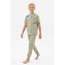 Bunny Hopp Erkek Çocuk %100 Pamuk Süprem Pijama Takımı - Kısa Kollu Manşetli Yazlık Pijama - Gri Hayvan Desenli