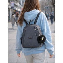 Derise Club Ponpon Peluş Hediyeli Gri Renk Kadın Lüks Çok Bölmeli Sırt Çantası