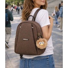 Derise Club Ponpon Peluş Hediyeli Kahverengi Kadın Lüks Çok Bölmeli Sırt Çantası