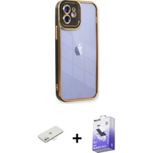 İlk El Grup Ieg™ iPhone 12 Çekirdek Klasik Serisi - Siyah Bilvis 5in1 5d Magic Hayalet Cam Ekran Koruyucu + Sarı Renkli Kamera Lens Koruma Cam