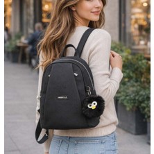 Derise Club Ponpon Peluş Hediyeli Siyah Renk Kadın Lüks Çok Bölmeli Sırt Çantası