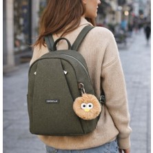 Ponpon Peluş Hediyeli Haki Renk Kadın Lüks Çok Bölmeli Sırt Çantası