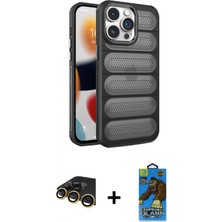 İlk El Grup Ieg™ iPhone 14 Pro Max Yadigar Doku Özel Seri - Siyah 18D Cam Ekran Koruyucu + Gold Raze Metal Kamera Lens