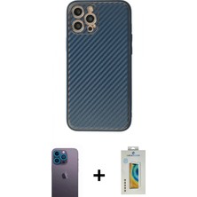 İlk El Grup Ieg™ iPhone 12 Pro Max Kılıf Ahenk Işık - Siyah Polymer Nano Ekran Koruyucu + Mavi Neon Fosforlu Kamera Lens