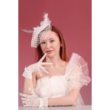 Sed da Exclusive Kırıkbeyaz Dantelli  Gelin Kepi,  Nikah  Şapkası  ve Dantelli  Gelin  Eldiveni  Kombin Set
