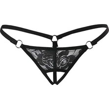 Siyah Dantelli Özel Bölgesi Açık G-String TM1167