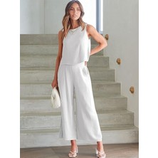 Sacrosa Keten Yazlık Yüksel Bel Capri Pantolon Sırt Detaylı Kolsuz Ikili Takım