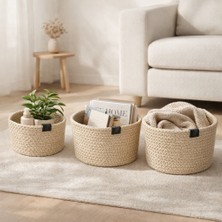 Dyris Dyrıs 3’lü Hasır Sepet Seti Doğal Bej Renk – El Yapımı Polyester Ip Dekoratif Düzenleyici Sepet (20-18-16 Cm)