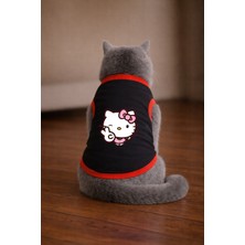 Petite Pati Siyah Hello K3 Baskili Kedi Tshirt Kedi Kiyafeti (%100 Pamuk Penye)