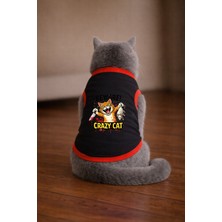 Petite Pati Siyah Crazy Cat Baskili Kedi Tshirt Kedi Kiyafeti (%100 Pamuk Penye)